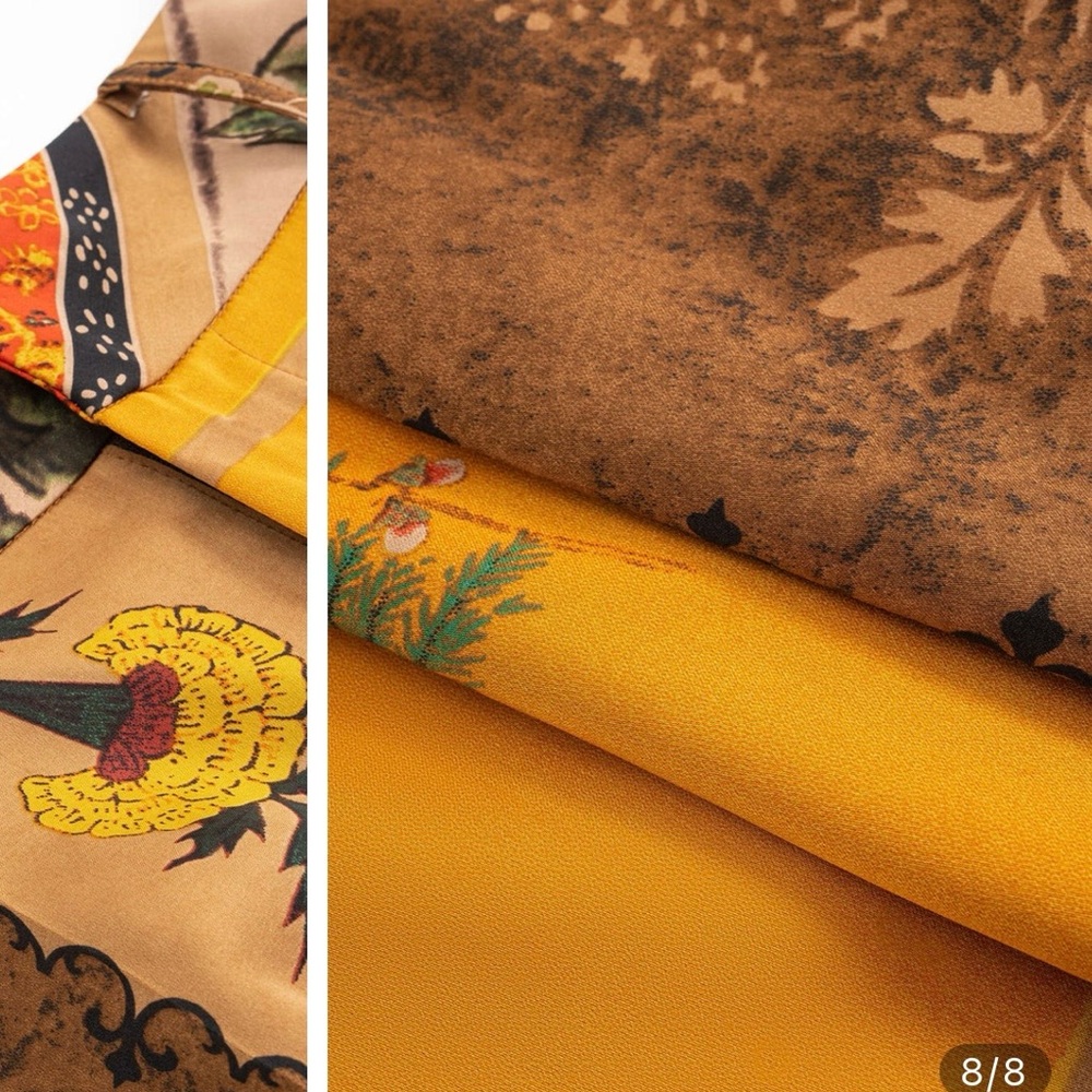 Vintage-Inspired Patchwork Floral High-Waist Shorts - Brown + Green + Mustard - Picture 3 of 6